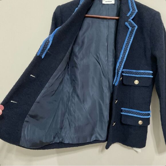 Sandro Noella Navy Tweed Blazer Sz 36 US Sz 4 Braid Trimmed Lined - Picture 5 of 13